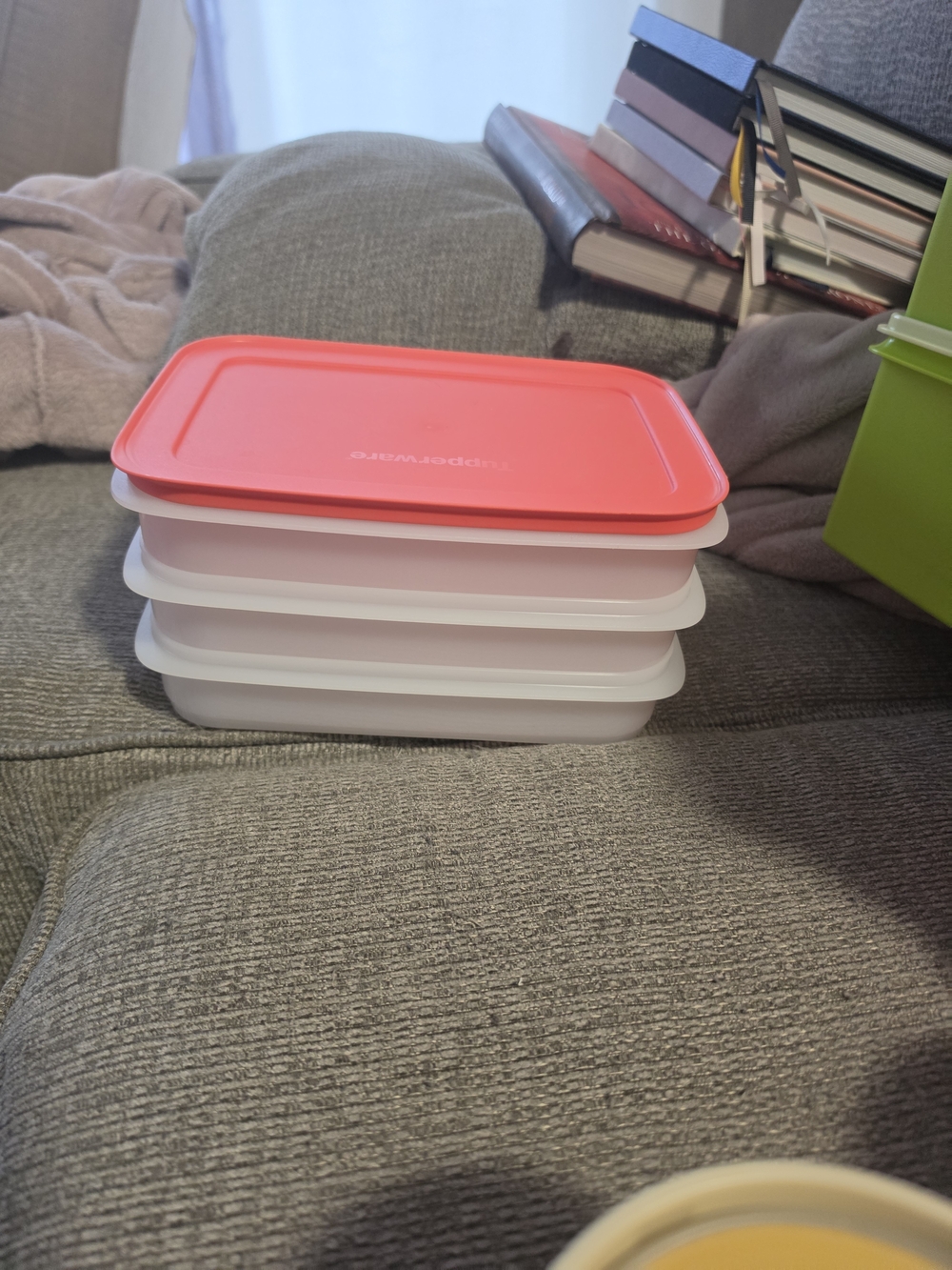 Tupperware White Containers with Coral-Red Lids Stackable Set